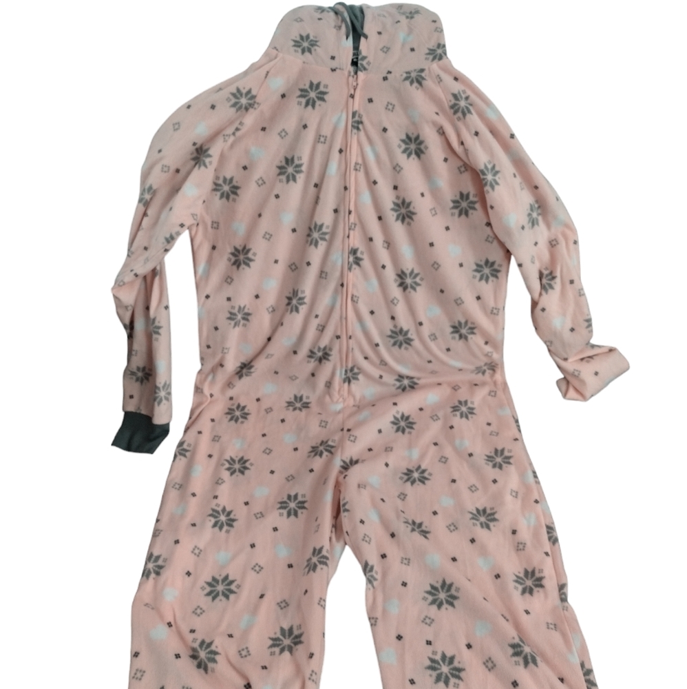Women's Pink Joe Boxer Plush Hooded One Piece PJS SZ Large Snowflake heart